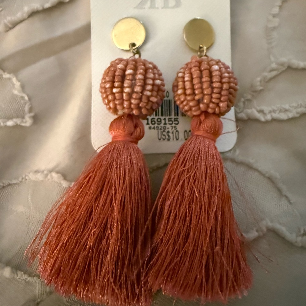Chic Beaded Tassel Earrings in Warm Orange